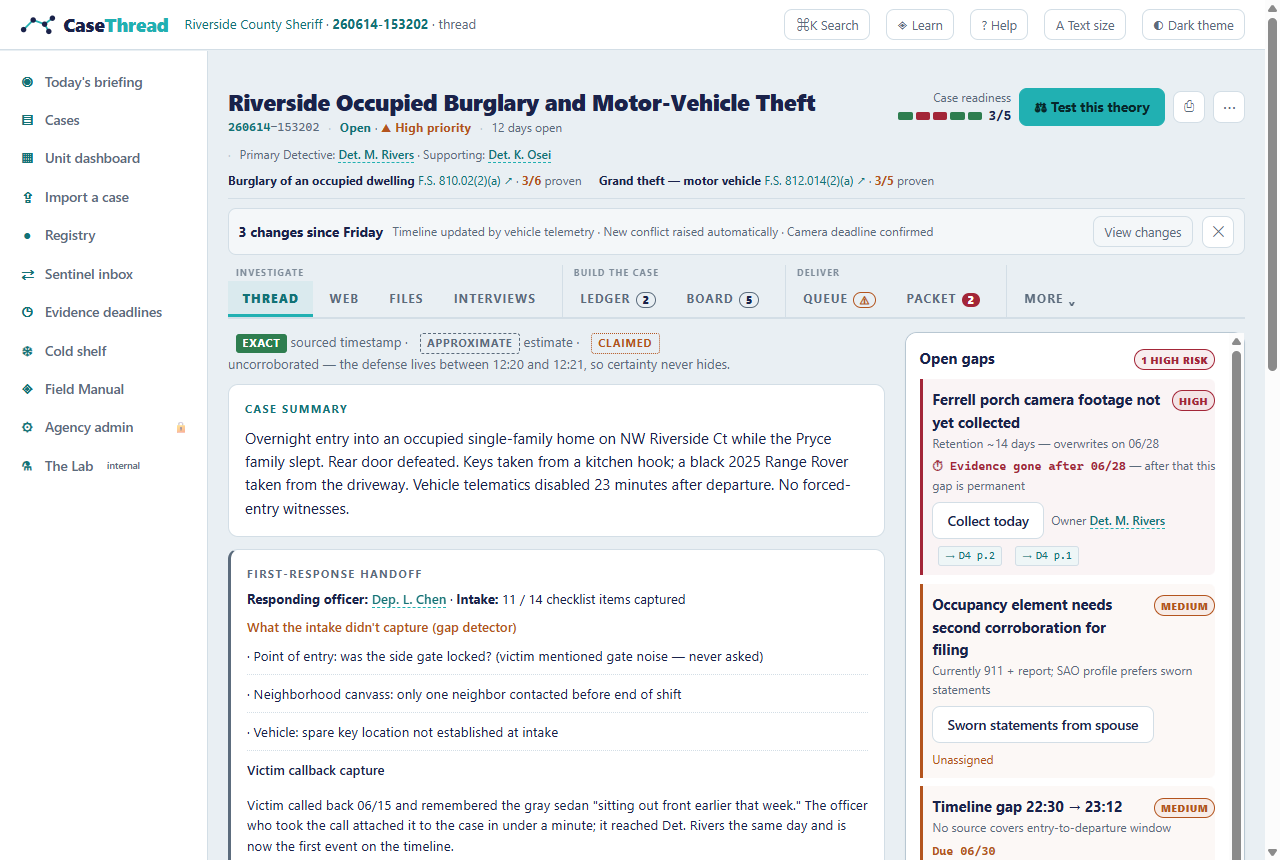 The Thread — timeline with certainty bands, the telematics anchor, and the First 48 brief
