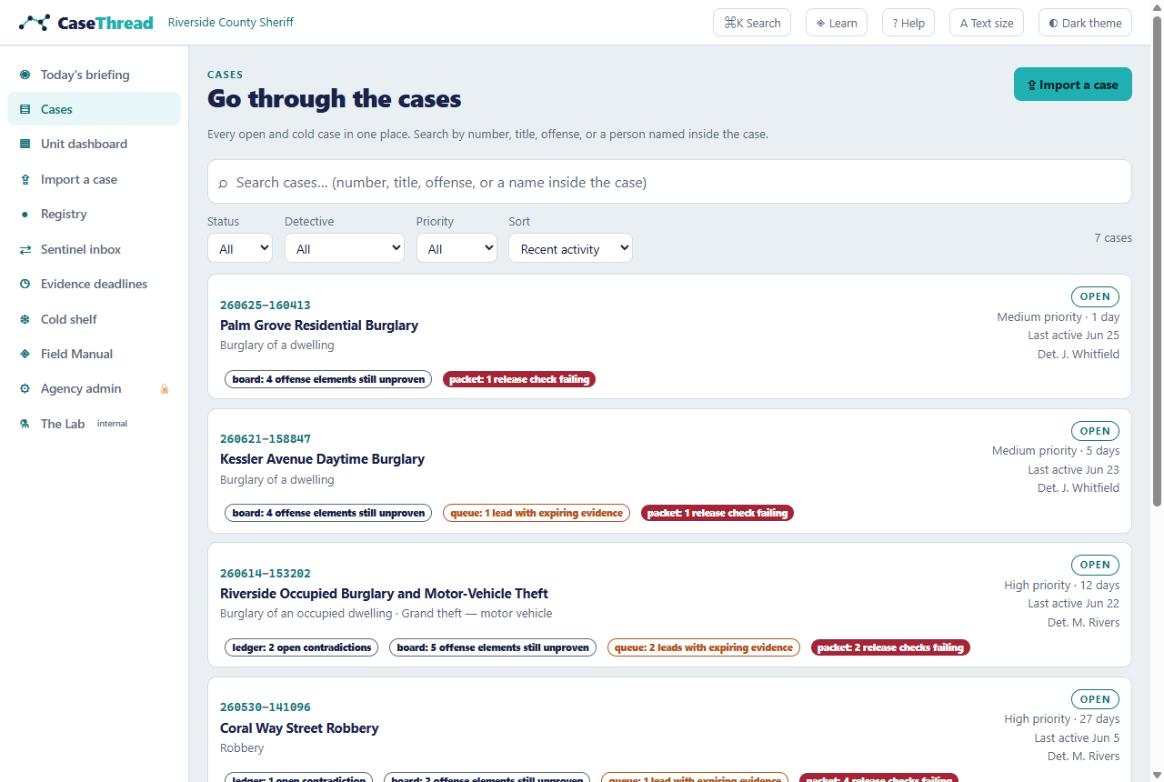 The Cases browser — status, ownership, movement