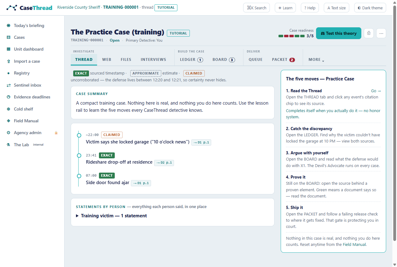 The Practice Case — the lesson rail with auto-verifying moves