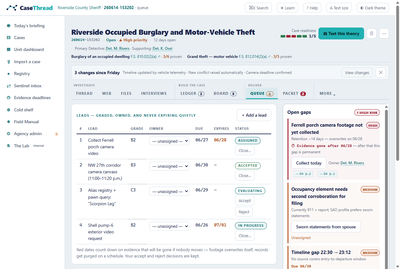 The Queue — graded leads with expiry countdowns and the Legal Process Desk